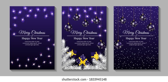 Set of banners for Merry Christmas and Happy New Year. Christmas balls, garlands, fir branches, snowflakes and gift boxes. A4 vector illustration for invitation, poster, banner, greeting card, cover.