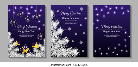 Set of banners for Merry Christmas and Happy New Year. Christmas balls, garlands, fir branches, snowflakes and gift boxes. A4 vector illustration for invitation, poster, banner, greeting card, cover.