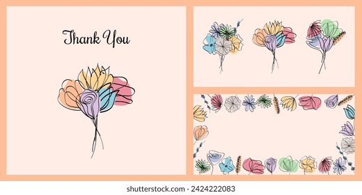 Set of banners with minimal botanical graphic, frame and bouquets isolated on peach background 