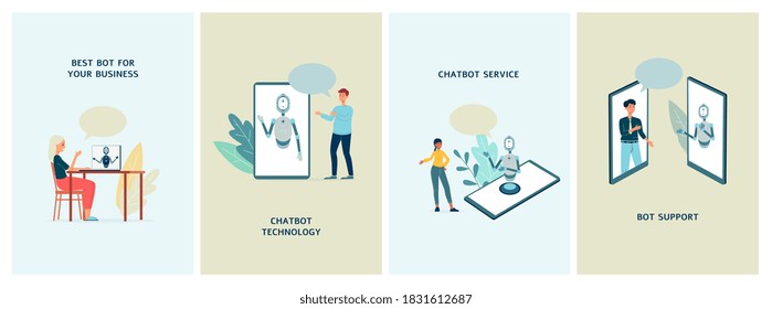 Set of banners for mobile application or site with chatbot assistance scenes, flat vector illustration. Support line for customers with virtual chat service.