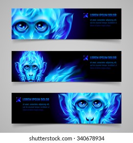 Set of banners with Monkey head in blue flame