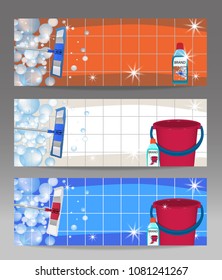 Set banners mop cleaning clean floor shiny and bucket. Disinfectant cleaner for washing floors. Vector illustration.
