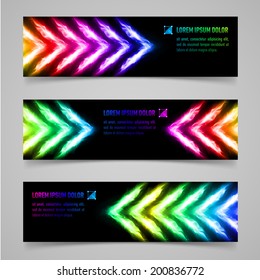 Set of banners with multicolored flaming arrows