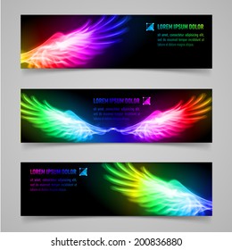 Set of banners with multicolored flaming wings