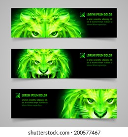Set of banners with mystic lion in green flame