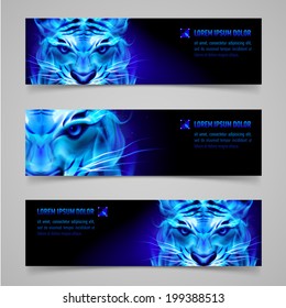 Set of banners with mystic tiger in blue flame