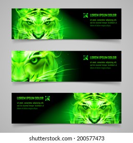 Set of banners with mystic tiger in green flame