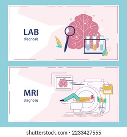 Set of banners for neurological laboratory analysis and MRI procedures, flat vector illustration. MRI and tomography, treatment of brain diseases.