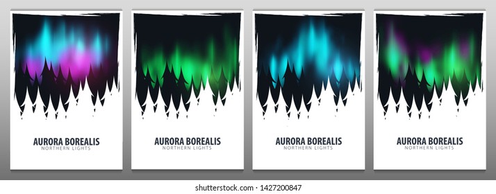 Set of banners of Night Sky, Aurora Borealis, Northern Lights Effect on dark background behind the forest. Realistic Colored polar lights