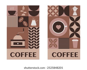 Un conjunto de Anuncios sobre un tema de café. Carteles abstractos geométricos con Elementos de café como granos de café, molinillo de café y más.