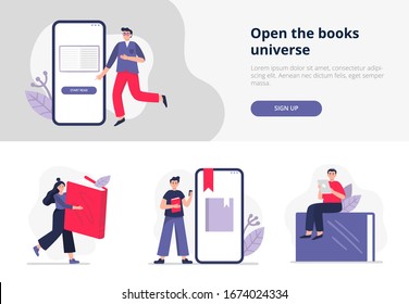 Set of banners on e-books and reading themes. People study online, read paper or electronic books. Vector illustration in flat style can be used by libraries, apps, landings, schools or e-commerce.
