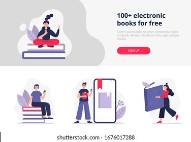 Set of banners on e-books theme. People study online, read and listen books on their devices. Vector illustration in flat style can be used by apps, landing pages, stores, schools or e-commerce.