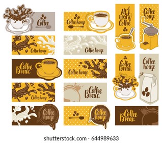 set of banners on the theme of coffee with cup and saucer, coffee grinder, coffee splashes and spots in retro style with inscriptions