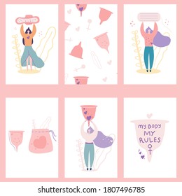 Pancartas sobre el tema de los tampones, toallas y tazas menstruales de productos de higiene femeninos. Ilustración dibujada a mano plana.