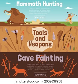 Juego de pancartas sobre el tema de la vida de las personas prehistóricas en edad de piedra - cazar en mamut, herramientas primitivas y armas, dibujar en paredes de roca. Ilustraciones planas del vector de dibujos animados.