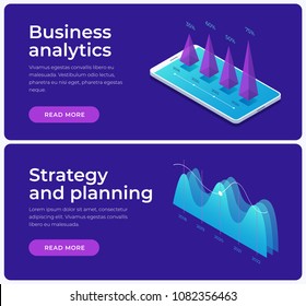 Set of banners on theme of strategy planning and business analysis. Image of growing charts, financial graphs. Financial review with infographic elements. Isometric illustration.