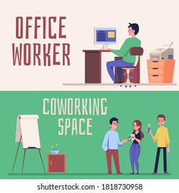 Set of banners on topic of office work and coworking space with cartoon people in office interior, flat vector illustration. Posters illustrating modern company work.