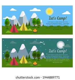 Un conjunto de banderas sobre el tema del turismo. Vamos a acampar. Montañas. Camping. Ilustración vectorial.