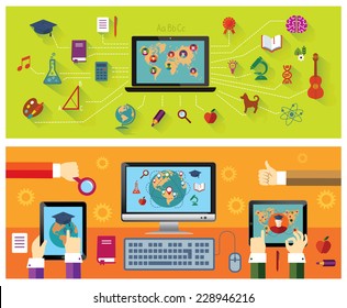 Set Of Banners: Online Education. Modern Technology. Education Icons. 