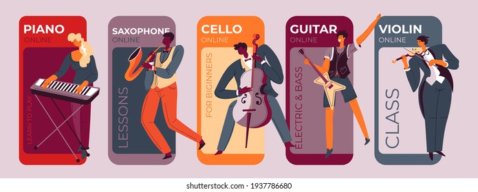 Set of banners for online lesson music. Men and women play musical instruments vector illustration. Saxophone piano learning cello guitar violin in online class. Music education training.