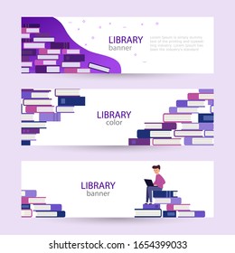Set banners online library. large pile of books on them sits young man with laptop. Vector illustration in modern flat design.