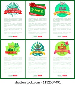 Set of banners online push buttons, discount off summer big sale set of promo labels tropical flowers on palm trees, advertisement stickers web banners