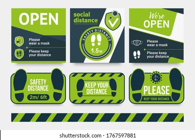 Set of banners for opening stores after quarantine. Floor stickers in green colors. A sticker to keep your floor sign distance. Safety distance, please wear a mask. For the elevator, shop, stickers