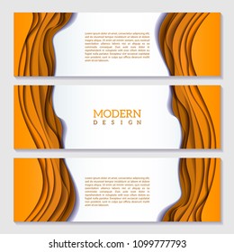 Set of banners with orange abstract wavy multilayered pattern. Paper art style.