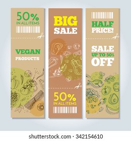 Set of banners with organic vegetables in hand drawn style. Perfect design for farm market advertising and bio product business. Modern business identity for bio products and agricultural industry.