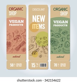 Set of banners with organic vegetables in hand drawn style. Perfect design for farm market advertising and bio product business. Modern business identity for bio products and agricultural industry.