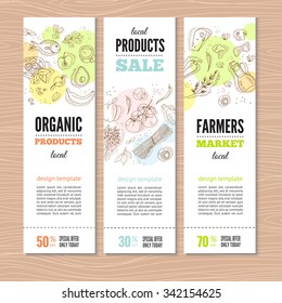 Set of banners with organic vegetables in hand drawn style. Perfect design for farm market advertising and bio product business. Modern business identity for bio products and agricultural industry.