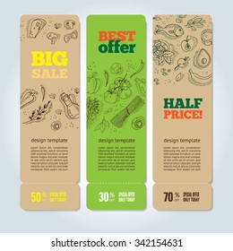 Set of banners with organic vegetables in hand drawn style. Perfect design for farm market advertising and bio product business. Modern business identity for bio products and agricultural industry.