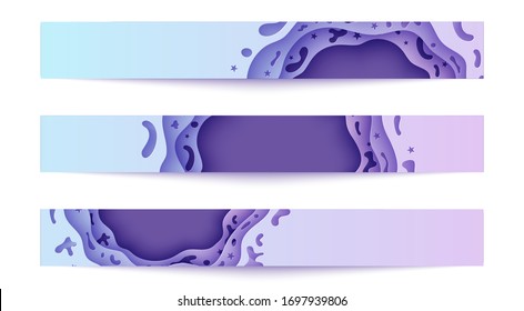 Set of banners in paper cut style. Three 3d abstract flyers purple violet and blue gradient color. Layered deep papercut background with liquid holes and stars shape. Origami style vector illustration