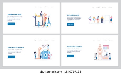 Set of banners for pathological rheumatoid arthritis and osteoarthritis treatment clinic, flat vector illustration. Medical problems and diseases of knee joint.