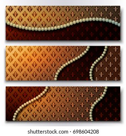 A set of banners with a pearl necklace and background with royal lilies. Vector illustration.