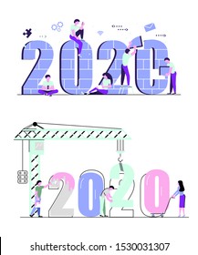 Set of  banners with People, man and woman building a numbers 2020, in flat modern style. preparing to meet the new year. Office Team are preparing to meet the new year. Flat Art Vector illustration