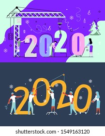 Set of  banners with People, man and woman building a numbers 2020, in flat modern style. preparing to meet the new year. Office Team are preparing to meet the new year. Flat Art Vector illustration
