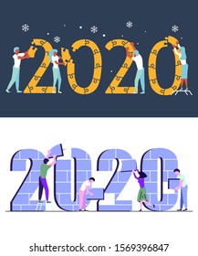 Set of  banners with People, man and woman building a numbers 2020, in flat modern style. preparing to meet the new year. Office Team are preparing to meet the new year. Flat Art Vector illustration