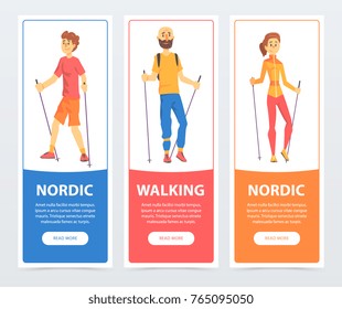 Set of banners with people Nordic walking. Health-promoting physical activity. Teenager boy, man and woman characters with sticks. Colorful flat vector
