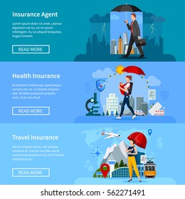 Set of banners with people under umbrellas insurance services for property health and travel isolated vector illustration  