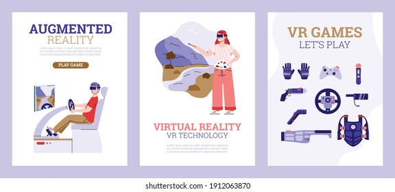 Set of banners with people using virtual or augmented reality devices, cartoon vector illustration. Virtual games and entertainment 3d reality simulation technology.
