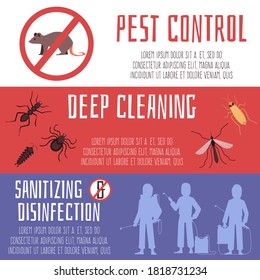 Pancartas con plagas y trabajadores con máscaras protectoras y trajes. Control, prevención, saneamiento, desinfección y limpieza de insectos y roedores. Ilustraciones vectoriales planas.