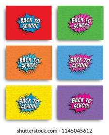 set of banners with phrase back to school in retro comic style on colorful background with various icons