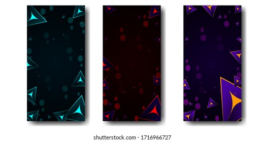 Set of banners or pictures 3D triangle with light on dark background. Modern abstract Vector illustration EPS10.