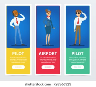 Set of banners with pilots and stewardess in uniform