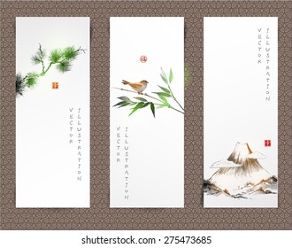 Set of banners with pine tree, bird on bamboo tree and Fuji mountain hand-drawn in traditional Japanese style sumi-e.Sealed with hieroglyphs "luck', "happiness"