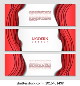 Set of banners with pink abstract wavy multilayered pattern. Paper art style.