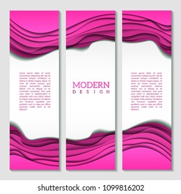 Set of banners with pink abstract wavy multilayered pattern. Paper art style.