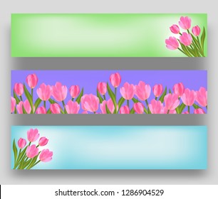 Set Banners with pink Tulips. Spring design with Flowers. Vector illustration.