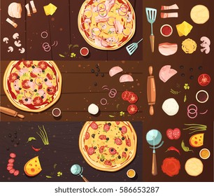Set of banners with pizza cooking tools vegetables cheese and meat on wood background isolated vector illustration    